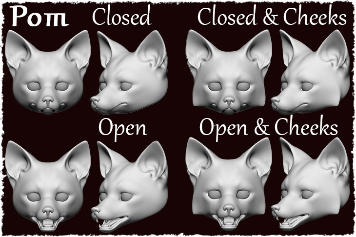 Имеется 4 вида ртов: открытый и закрытый, с щечками и без.
