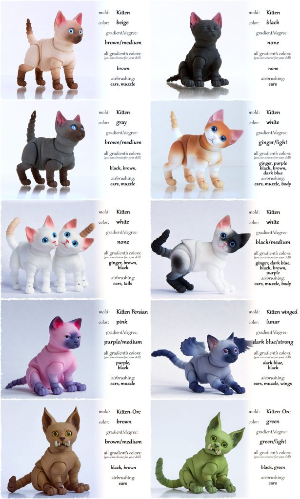 There are some examples of colors of BJD kittens.