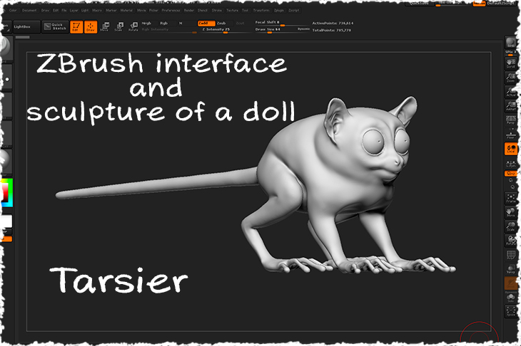 the interface of ZBrush and sculpture of a doll